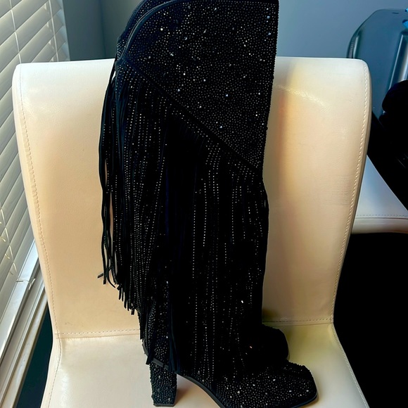 Jessica Simpson Black Rhinestone Boots with Fringe. - Picture 7 of 11